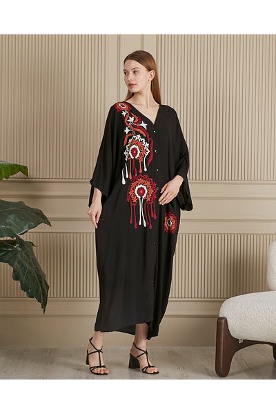 EL jadida Women's Embroidered Buttoned Plus Size Viscose Long Dress Black