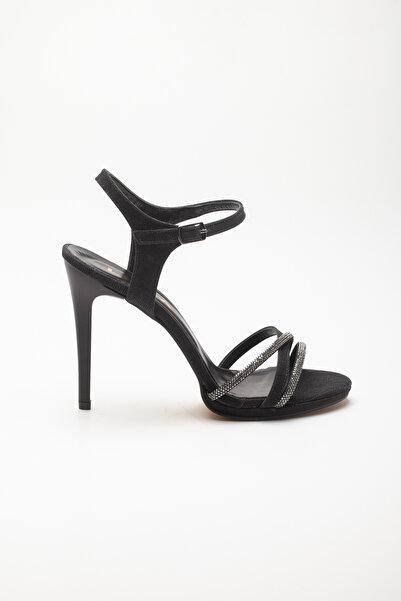 LİLLA Women's High Thin Heel Stone Evening Dress Black Evening Dress Shoes