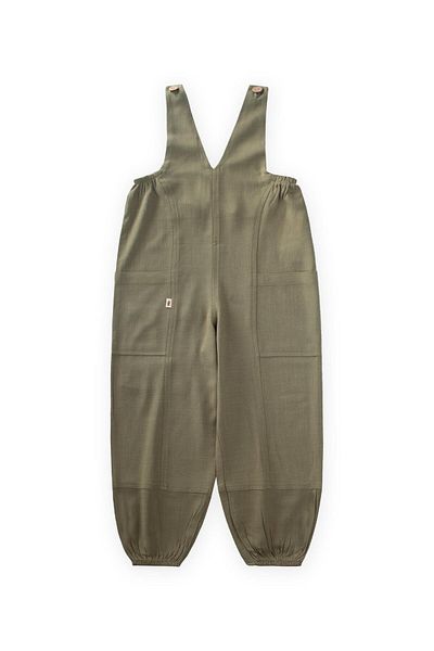 Cigit V Neck Elastic Leg Linen Salopet 2-7 Years Khaki Green