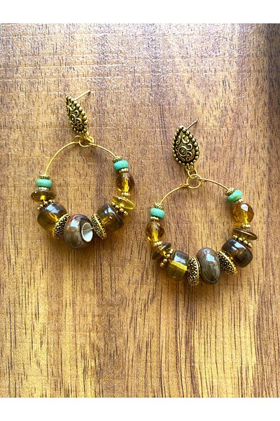 dela otantik Handmade Brown Big Hoop Earrings – Handmade Glass Beaded Antique Bohemian Authentic Bijoux Jewelry