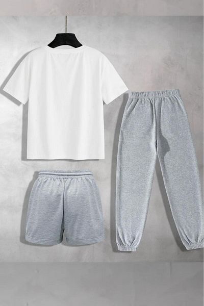 NO 601 Unisex White Oversize Cut Milano Printed T-Shirt Gray Shorts and Tracksuit 3 Piece Set