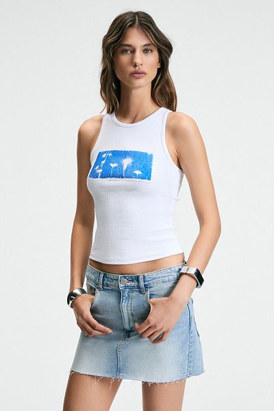 GRIMELANGE Wikends Women's Crew Neck Thick Strap White Tank Top with Print Detail on the Front