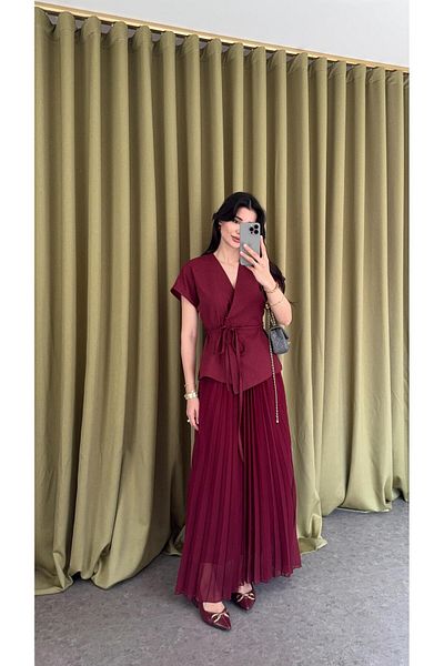 HAZELANNA Pleated Burgundy Vest-Skirt Suit