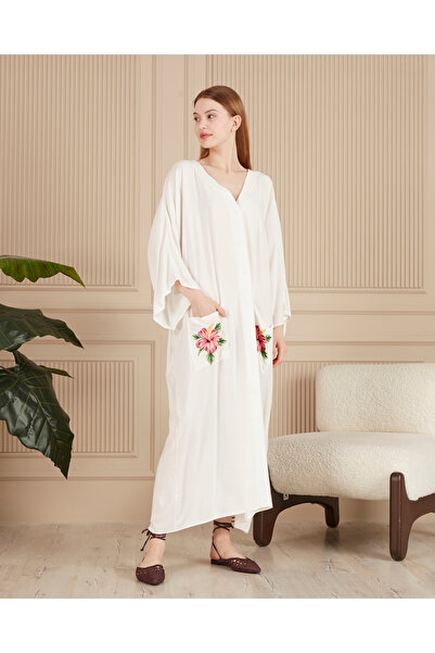 EL jadida Γυναικείο Μακρύ Φόρεμα Βισκόζης με εμπριμέ κουμπιά σε μεγάλο μέγεθος Λευκό