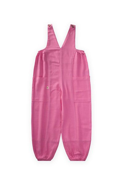 Cigit V Neck Elastic Leg Linen Salopet 2-7 Years Pink