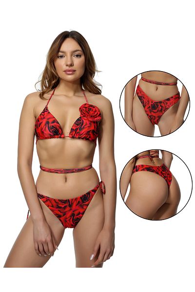 Plaja biz Women's 3-piece swimsuit, two pairs of briefs, Brazilian and classic, rose print Rose Fever