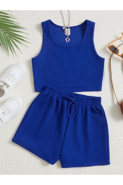 HEREN BUTİK Ribbed Double Set – Crop Top & Shorts |   Children and Teenage Girls Summer Combination |   Ribbed Crop and Shorts Set
