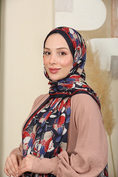 aldyoo Rose Rose Patterned Cotton Viscose Trend Shawl Navy Blue Red