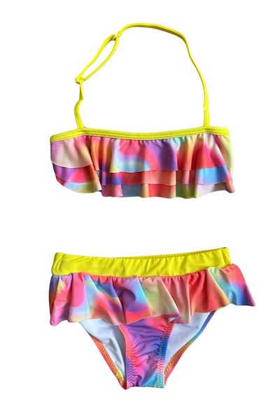 ww waka waka kids store Girls' Tie-Dye Print Ruffle Trim Bikini Set with Yellow Straps - Yellow