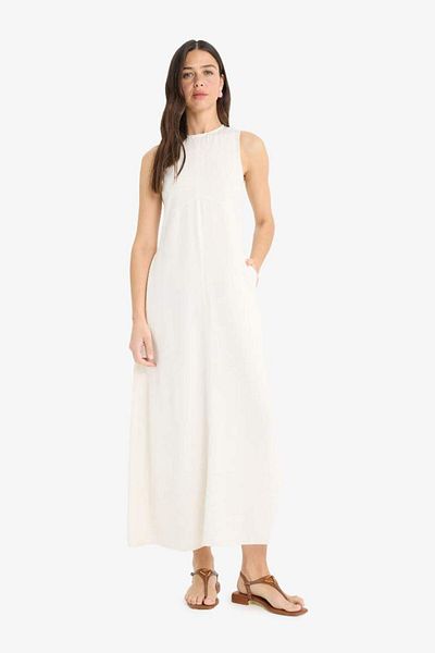 DeFacto New Season Crew Neck Pocket Basic Plain Linen Blended Sleeveless Maxi Dress
