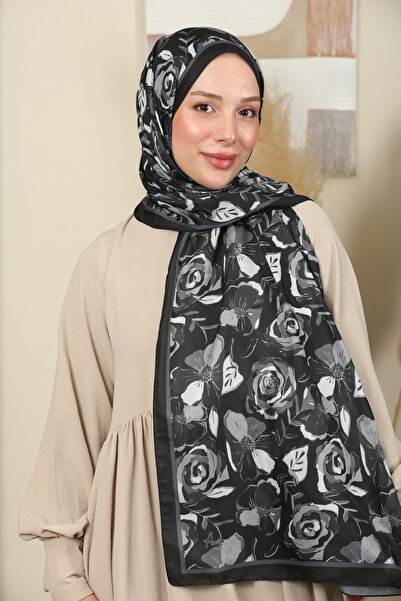 aldyoo Rose Gül Desenli Pamuk Viskon Trend Şal Siyah