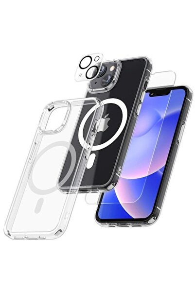 bzstore Set Husa tip MagSafe pentru iPhone 14 cu Folie Ecran si Camera 3 in 1 BzStore, Clear