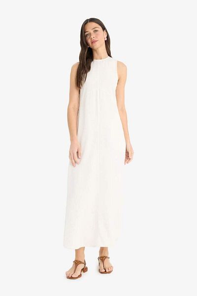 DeFacto New Season Crew Neck Pocket Basic Plain Linen Blended Sleeveless Maxi Dress