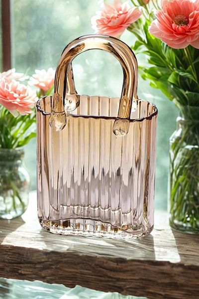 Woodcept Amber Decorative Bag Shaped Stylish Designed Glass Vase, Elegant Design Luxury Bag Glass Vase