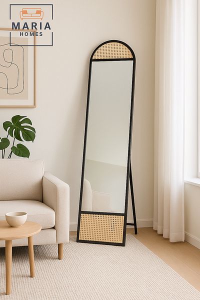 MARIA HOMES Arched Full-Length Black Wood Mirror – 170x40 cm with Rattan Accents