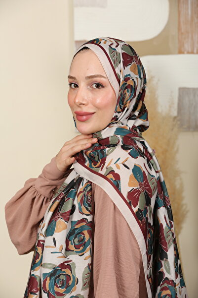 aldyoo Rose Gül Desenli Pamuk Viskon Trend Şal Taş Bordo