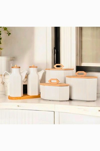 Woodcept Set of 3 Porcelain Prism Tea Coffee Sugar Pulses Storage Jars with Bamboo Stand Set of 2 Prism Oil Jars