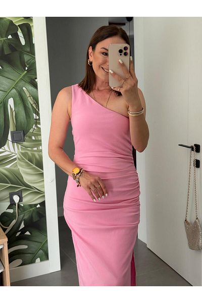 X-Young One Shoulder Gathered Side Dress Pink