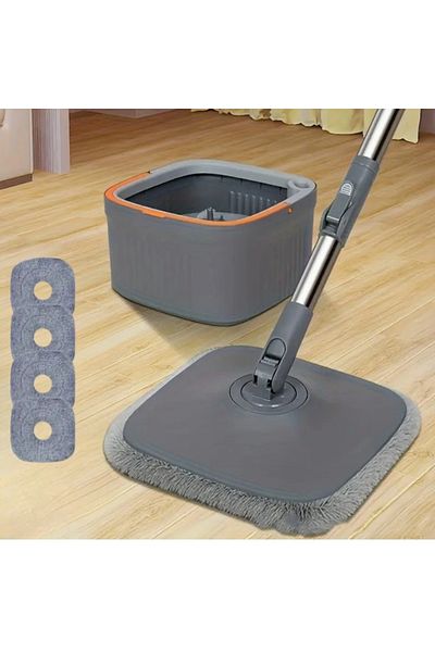 Herum Mop plat și găleată rotativă, separator de apă, 4 lavete din microfibră, gri