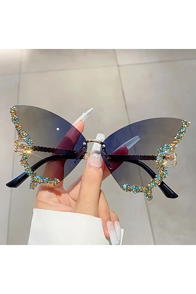 GlassySKY 1 Pc Butterfly Stone Rimless Fashion Sunglasses,Costume Party,Holiday Travel Photo Accessory
