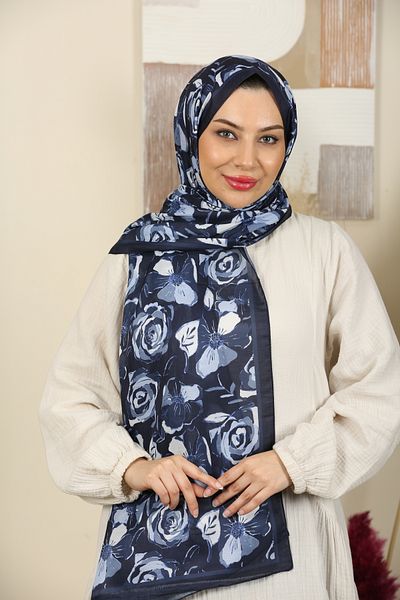 aldyoo Rose Rose Patterned Cotton Viscose Trend Shawl Navy Blue