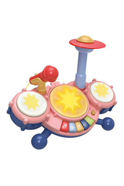 LUDIRO Διαδραστικό σετ τυμπάνων για μωρά, ενσωματωμένο μικρόφωνο, ρυθμιζόμενη ένταση, λειτουργία πιάνου, ροζ