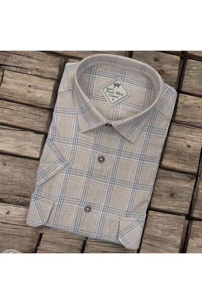 EREN STYLE Cămașă clasică din in, cu mânecă scurtă, cu două buzunare, cremă (...