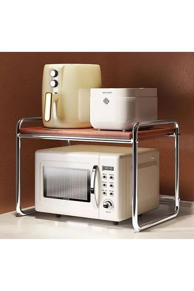 Herum Raft pentru cuptorul cu microunde, cadru metalic, raft MDF, organizator de bucătărie, gri/maro, 50,5 cm x 36 cm x 48,5 cm