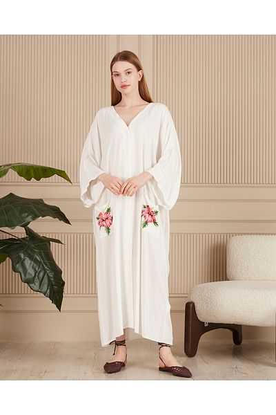EL jadida Women's Printed Buttoned Plus Size Viscose Long Dress White