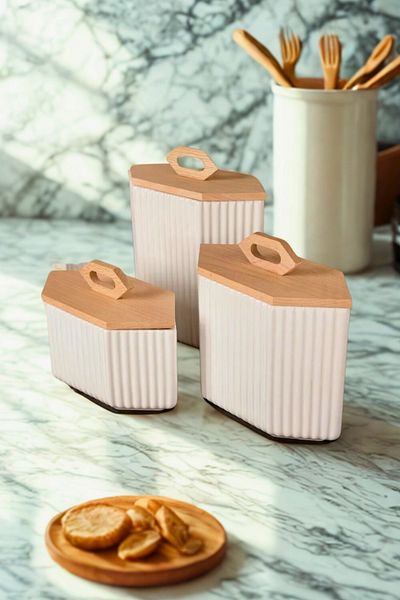 Woodcept Set of 3 Porcelain Prism Model Wooden Vacuum Lid Tea, Sugar, Salt, Coffee, Pulses Storage Jars