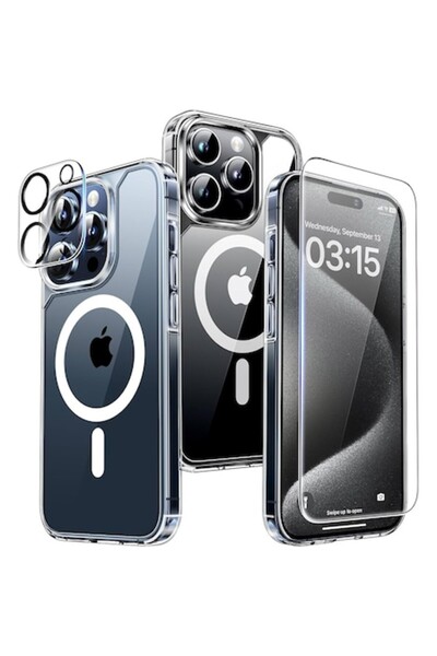 bzstore Set Carcasă MagSafe pentru iPhone 15 Plus cu Protector de Ecran și Sticlă pentru Cameră 3-în-1 BzStore, Transparentă