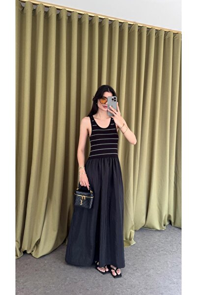 HAZELANNA فستان ماكسي أسود مخطط