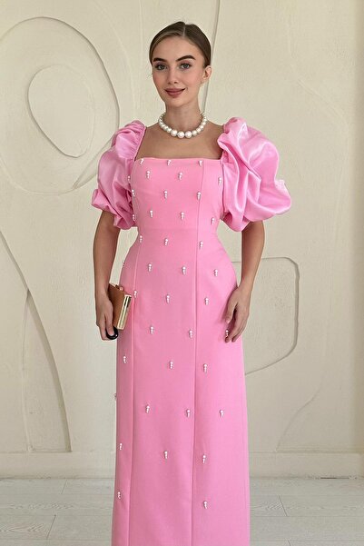 Elbee Fashion Woman Rochie cu mâneci roz cu secțiuni cu detalii de broderie