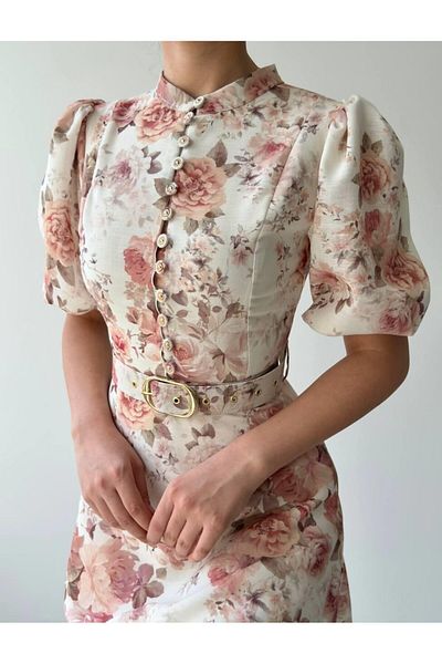 Julidress Μίντι Μήκος Premium Design Λινό Φόρεμα με Κοντό Γιακά με Κουμπιά και ΖΩΝΗ