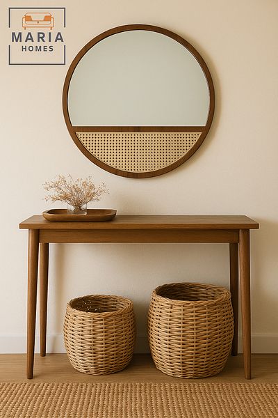 MARIA HOMES Round Wall Mirror 100 cm – Dark Wood Frame with Rattan Panel