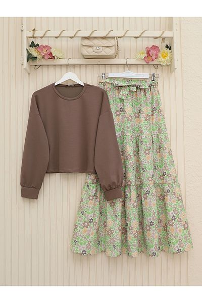 Modamorfo Floral Patterned Belted Double Suit - Brown