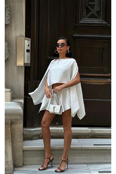 World Fashion Trends 8017 Shoulder Detailed Linen Look Suit Shorts+Blouse