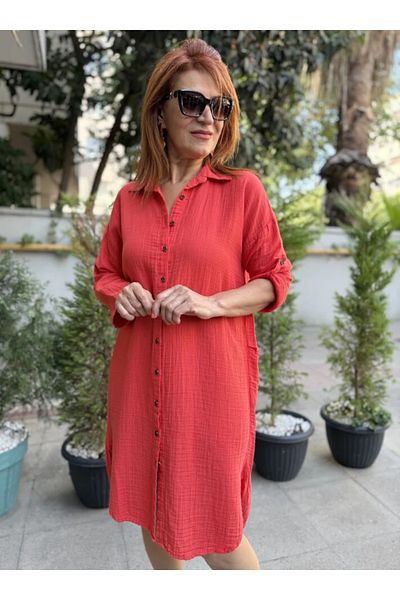 DenizEge Muslin Shirt Dress Pomegranate