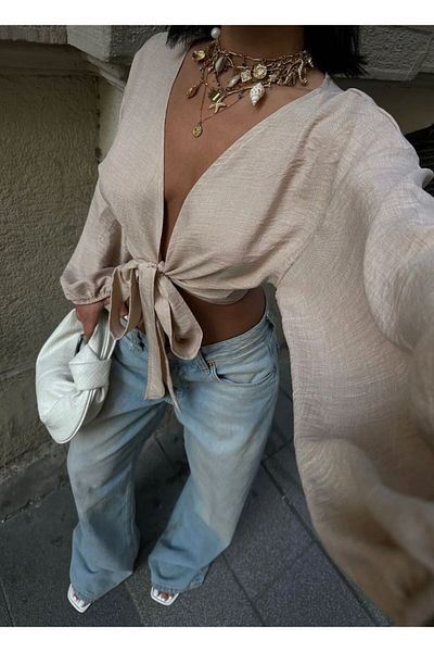 World Fashion Trends 8033 Front Lace-Up Long-Sleeved Linen Look Blouse