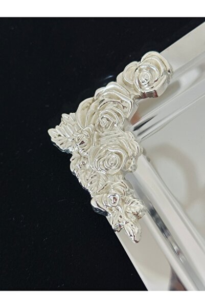 Melinda home Stainless Steel Square Silver Rose Accessory Detailed Tea, Coffee, Treat Serving Presentation Tray 21X21