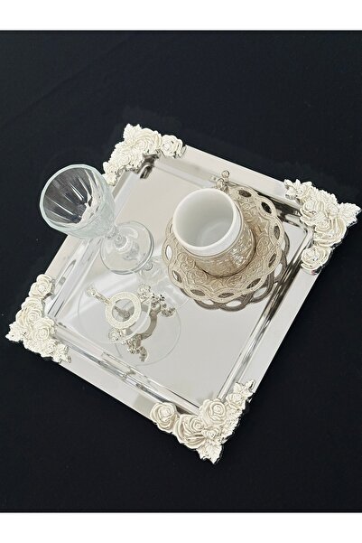 Melinda home Stainless Steel Square Silver Rose Accessory Detailed Tea, Coffee, Treat Serving Presentation Tray 21X21