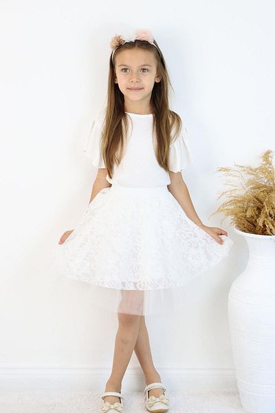 Çocuksan Baby&Kids Wear Fusta din tul din dantelă albă pentru fetiță și coroană florală - sărbători, ziua de naștere, nuntă, Ziua Națională
