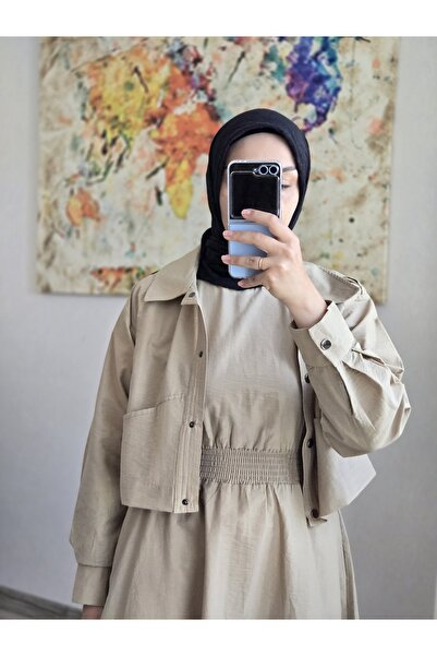 Butik Camelya - Elbise Ceket Takım - Beli Lastikli - Krem Renk - Ithal Paraşü...