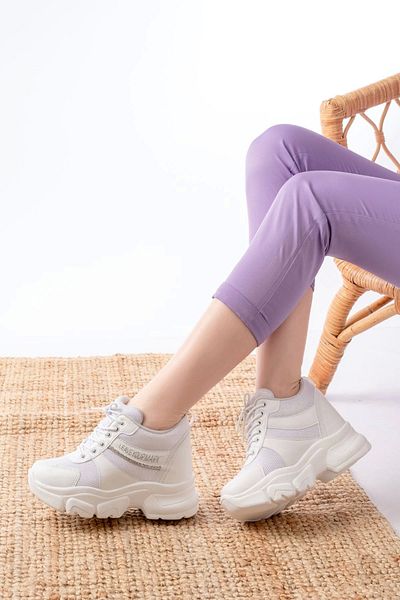 TB Terzi Bey F-209 White Lace-Up Mesh Casual Sports Shoes with Stone Accessories