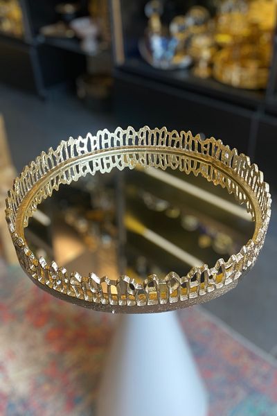 LEMİ DEKORASYON Peacock Gold Casting Decorative Mirrored Tray 45 cm