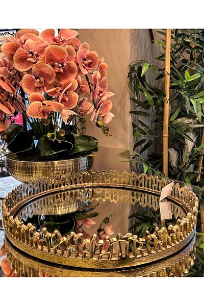 LEMİ DEKORASYON Peacock Gold Casting Decorative Mirrored Tray 45 cm