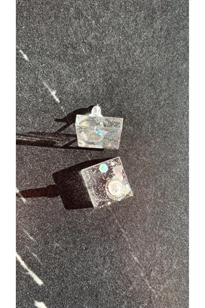 MISS GOLDEN Silver Glitter with Transparent Color Medium Size Square Shape Silver Accessory Epoxy Earrings Handmade Gift