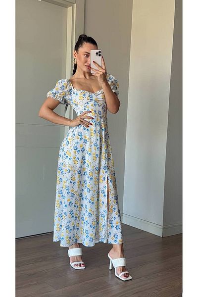 Nopen Knitwear Front Gathered Slit Detailed Maxi Dress