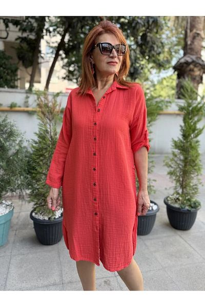 DenizEge Muslin Shirt Dress Pomegranate