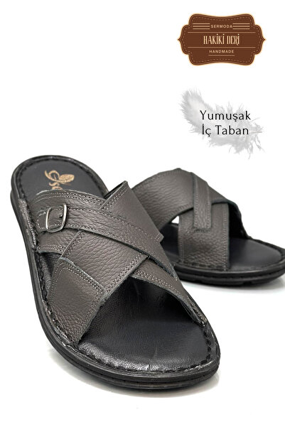 sermoda Genuine Real Leather Men's Slippers Lightweight Slippers Leather t Smoked